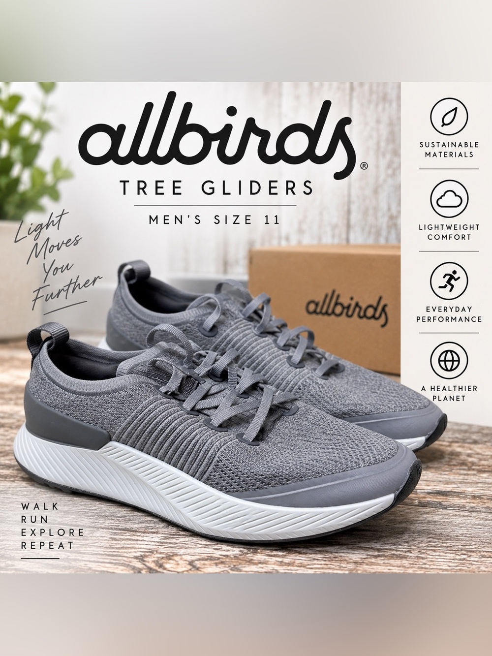 Allbirds Tree Gliders Men’s Size 11 Gray Knit Lightweight Running Sneakers
